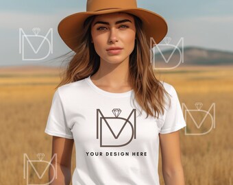 Western Cowgirl Boho mock, Bella Canvas 3001 White Tshirt mockup, Fashion t-shirt mock up, Model mock-up, Styled Shirt Mockup, Trendy Mockup