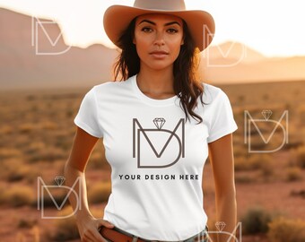 Western Cowgirl Boho mock, Bella Canvas 3001 White Tshirt mockup, Fashion t-shirt mock up, Model mock-up, Styled Shirt Mockup, Trendy Mockup