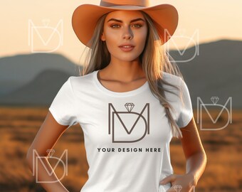 Western Cowgirl Boho mock, Bella Canvas 3001 White Tshirt mockup, Fashion t-shirt mock up, Model mock-up, Styled Shirt Mockup, Trendy Mockup