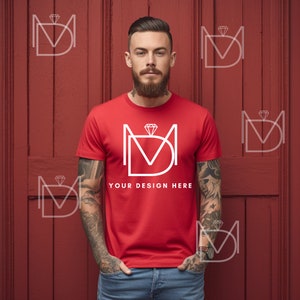 Red Bella Canvas 3001 Mockup, T-Shirt Mockup, Male t-shirt Mockup, Model Mockup, Styled Shirt Mockup, Red Tshirt mock, Model 3001 Mockup