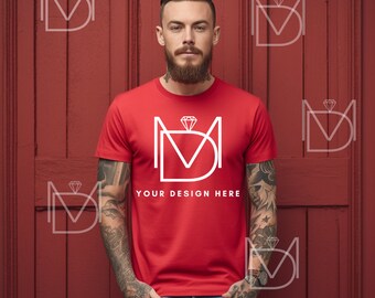 Red Bella Canvas 3001 Mockup, T-Shirt Mockup, Male t-shirt Mockup, Model Mockup, Styled Shirt Mockup, Red Tshirt mock, Model 3001 Mockup