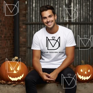 White Bella Canvas 3001, weißes Tshirt Mockup, weißes Shirt Mockup, Fall Mockup, Mann Modell Mock, Halloween T-Shirt Mockup