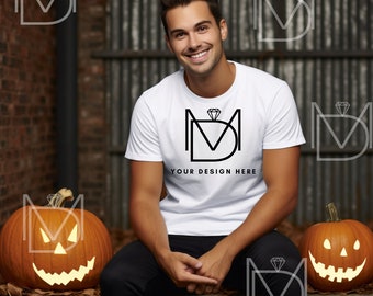 White Bella Canvas 3001, White Tshirt Mockup, White Shirt Mock up, Fall Mockup, Man Model Mock, Halloween T-Shirt Mockup