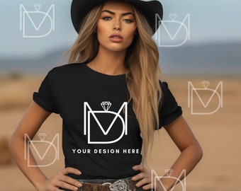 Western Cowgirl Boho mock, Bella Canvas 3001 Black Tshirt mockup, Fashion t-shirt mock up, Model mock-up, Styled Shirt Mockup, Trendy Mockup