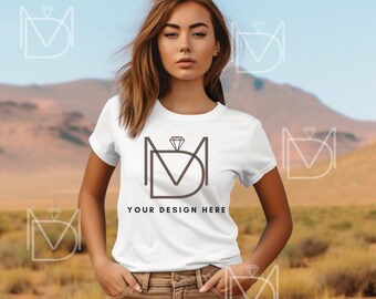 Western Cowgirl Boho mock, Bella Canvas 3001 White Tshirt mockup, Fashion t-shirt mock up, Model mock-up, Styled Shirt Mockup, Trendy Mockup
