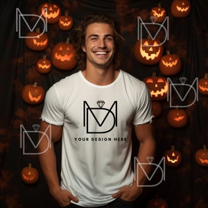 White Bella Canvas 3001, weißes Tshirt Mockup, weißes Shirt Mockup, Fall Mockup, Mann Modell Mock, Halloween T-Shirt Mockup