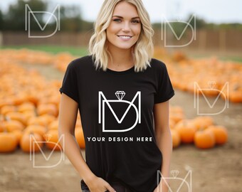Black Bella Canvas 3001, Woman Tshirt Mockup, White Shirt Mock up, Fall Mockup, Model Mock, Halloween T-Shirt Mockup