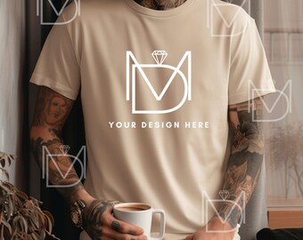 Soft Cream Bella Canvas 3001 Mockup, T-Shirt Mockup, Male t-shirt Mockup, Model Mockup, Styled Shirt Mockup, Tshirt mock, Model 3001 Mockup