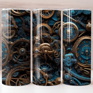 Steampunk Pattern Warped Cogs Wrap Unique Gift 20 oz Straight Skinny Tumbler Design for Sublimation 300dpi PNG Digital Download image 1