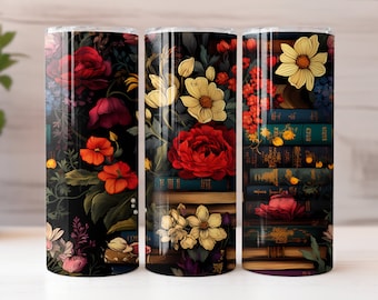 Floral Books Tumbler Wrap | Gift for Book Lover | 20 oz Straight Skinny Tumbler Design for Sublimation | 300dpi PNG Digital Download