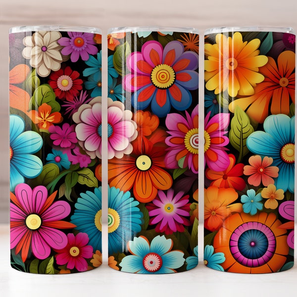 Retro Flower Pattern | 70s Rainbow Wrap | Unique Gift | 20 oz Straight Skinny Tumbler Design for Sublimation | 300dpi PNG Digital Download