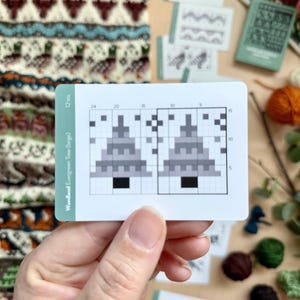 Peut inclure: Une main tient une carte blanche avec un graphique d'arbre de No&euml;l pix&eacute;lis&eacute; intitul&eacute; "Woodland Evergreen Tree (large)". Le graphique est en noir, gris et blanc. D'autres cartes et de la laine de diff&eacute;rentes couleurs sont en arri&egrave;re-plan.