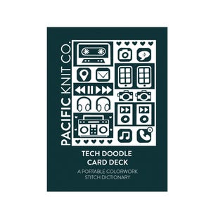 May include: A teal card deck with white illustrations of tech-related icons, including headphones, cameras, and smartphones. The text reads "TECH DOODLE CARD DECK" and "A PORTABLE COLORWORK STITCH DICTIONARY" with "PACIFIC KNIT CO." on the side.
