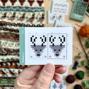 Peut inclure: Une main tient une carte avec un motif de cerf pix&eacute;lis&eacute;, intitul&eacute;e "Woodland Stag". Des fournitures de tricot, dont de la laine et des exemples de motifs, entourent la carte. Un pull tricot&eacute; avec un motif similaire est visible.