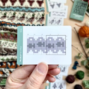 Peut inclure: Une main tient une carte de patron de tricot avec le texte "Woodland Fish in River". Le motif pr&eacute;sente un design g&eacute;om&eacute;trique r&eacute;p&eacute;titif en gris et blanc. D'autres cartes et pelotes de laine sont visibles.