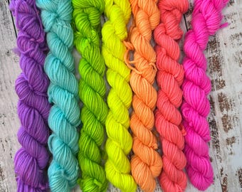 Neon Rainbow Yarn: Hand-Dyed Superwash Merino Mini Skein Set