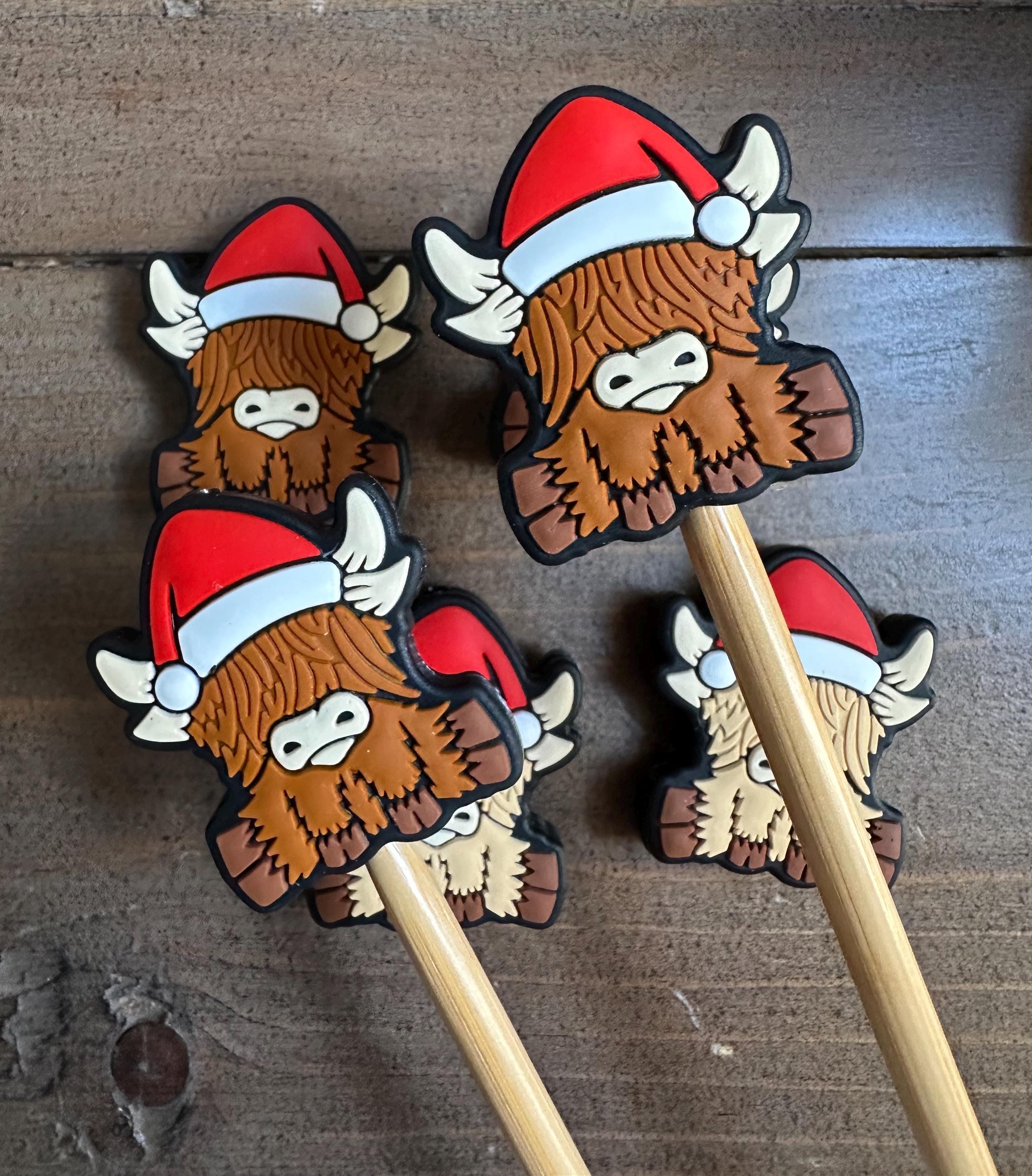 Christmas Highland Cow Knitting Needle Stoppers, Pair