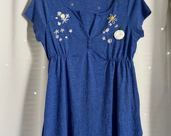 Hand-Embroidered Crazy Daisy Babydoll Top - Size S/M