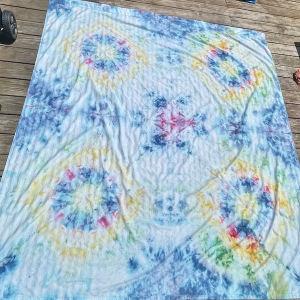 Upcycled ice dye quad mandala tapestry, bed sheet, beach blanket