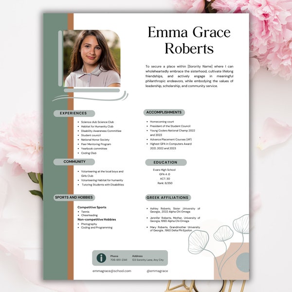 Sorority Resume Template , Sorority recruitment Resume , Sorority Rush  Resume canva template  , Editable Sorority Resume