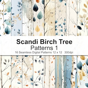 Puede incluir: Un conjunto de 16 patrones digitales sin costuras que presentan abedules, hojas y ramas en tonos de azul, verde, marrón y blanco. Los patrones miden 30,48 cm por 30,48 cm y 300 ppp. "Scandi Birch Tree Patterns 1" está escrito en blanco sobre un fondo blanco.