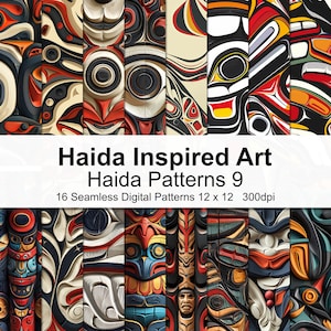 Könnte beinhalten: Eine Sammlung von 16 nahtlosen digitalen Mustern, 12 x 12 Zoll, inspiriert von Haida-Kunst. Die Muster weisen lebendige Farben und komplizierte Designs auf, mit dem Text "Haida Inspired Art Haida Patterns 9".