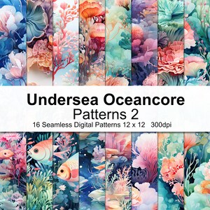 Può includere: Un set di 16 motivi digitali senza cuciture che presentano colorati design sottomarini in stile oceancore. I motivi includono coralli, alghe, pesci e altri elementi a tema oceanico. I motivi misurano 12 pollici per 12 pollici e 300 dpi.