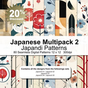 May include: A digital download of 80 seamless patterns in a Japanese style, featuring floral, geometric, and abstract designs. The patterns are 12 inches by 12 inches and 300 dpi. The text "Japanese Multipack 2 Japandi Patterns" is displayed on the image.