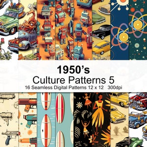 Könnte beinhalten: Ein digitaler Download von 16 nahtlosen Mustern, inspiriert von der Kultur der 1950er Jahre. Die Muster zeigen Retro-Roboter, Surfbretter, Atomsymbole und Oldtimer in verschiedenen Farben, darunter Rot, Blau, Gelb und Grün. Die Muster sind 12 Zoll mal 12 Zoll groß und haben eine Auflösung von 300 dpi.