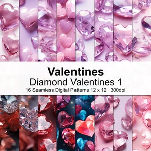 May include: A set of 16 digital seamless patterns featuring pink, red, and blue diamond-shaped hearts. The patterns are 12 inches by 12 inches and 300 dpi. Valentines Diamond Valentines 1.