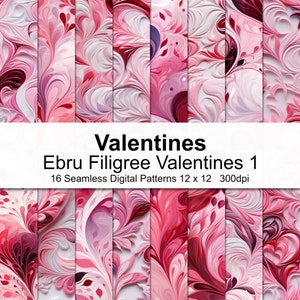 May include: A set of 16 digital paper patterns featuring a pink and white marbled design with swirls and a filigree pattern. The patterns are seamless and perfect for creating Valentine's Day projects.