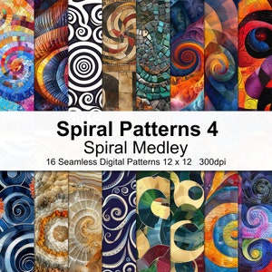 May include: A collection of 16 seamless digital spiral patterns in various colors and designs. The patterns include swirls, mosaics, and abstract art. The text "Spiral Patterns 4 Spiral Medley" is displayed, along with the dimensions 12 x 12 and 300dpi.
