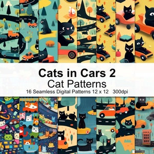 Può includere: Un set di 16 motivi digitali senza cuciture che presentano gatti neri che guidano auto su una varietà di sfondi colorati. I motivi misurano 12 pollici per 12 pollici e 300 dpi. "Cats in Cars 2 Cat Patterns" è scritto in testo bianco su uno sfondo bianco.