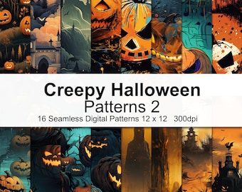 May include: A selection of 16 seamless digital patterns with a Halloween theme. The patterns feature pumpkins, bats, and spooky landscapes in orange, black, and blue. The text "Creepy Halloween Patterns 2" is displayed.