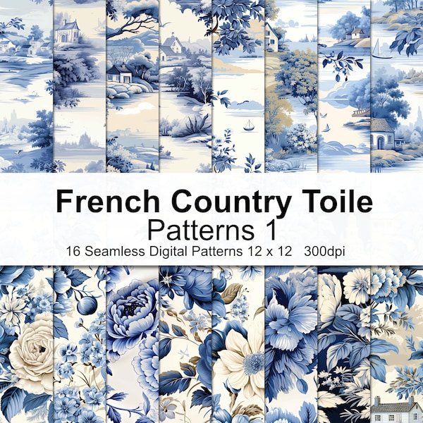 French Country Toile Patterns Digital Paper 1