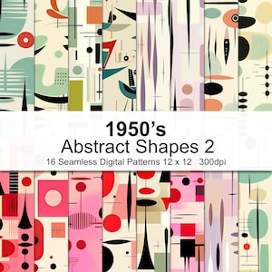May include: A set of 16 digital patterns featuring abstract shapes in a retro mid-century modern style. The patterns are in various colours, including red, pink, green, blue, black, and white. The patterns are seamless and can be used for a variety of projects, such as scrapbooking, card making, and fabric design. 1950's Abstract Shapes 2. 16 Seamless Digital Patterns 12 x 12 300dpi