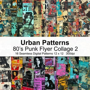 May include: A digital collage of 16 seamless patterns featuring a punk rock aesthetic. The collage is made up of various images, including band flyers, magazine clippings, and other ephemera. The patterns are 12 inches by 12 inches and 300 dpi.