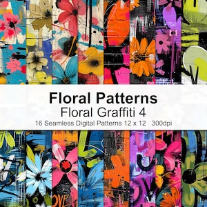 May include: A set of 16 digital seamless patterns featuring colorful floral designs with graffiti-style elements. The patterns are 12 inches by 12 inches and 300 dpi.