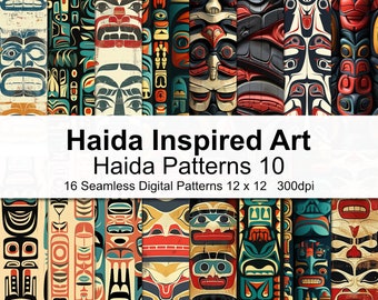 May include: A set of 16 digital patterns featuring colourful, geometric designs inspired by Haida art. The patterns are seamless and perfect for crafting projects, scrapbooking, and more.