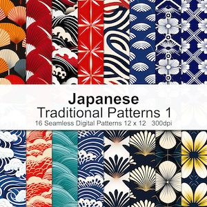 Op de afbeelding: Een set van 16 digitale naadloze patronen met traditionele Japanse ontwerpen. De patronen omvatten de kleuren rood, blauw, wit, zwart en goud. De patronen zijn 12 inch bij 12 inch en 300 dpi.