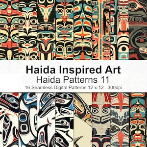 May include: A set of 16 digital patterns featuring Haida inspired art. The patterns are seamless and feature geometric designs in black, red, blue, yellow, and white. The patterns are 30.5 cm by 30.5 cm and 300 dpi.