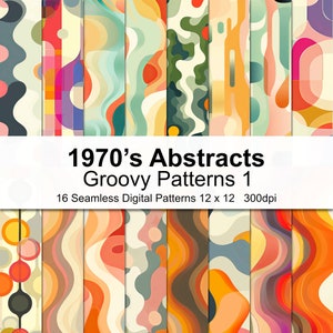 May include: A set of 16 digital patterns in a retro 1970s style. The patterns are colorful and abstract, featuring wavy lines, circles, and geometric shapes. The patterns are seamless and can be used for a variety of projects, such as fabric, wallpaper, and digital design.