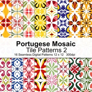 Op de afbeelding: 16 naadloze digitale tegelpatronen in Portugese mozaïekstijl. De patronen bevatten een verscheidenheid aan kleuren, waaronder blauw, rood, geel, groen en wit. De patronen zijn 12 inch bij 12 inch en 300 dpi.