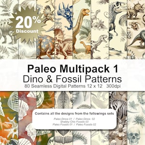 Könnte beinhalten: Ein digitaler Download von 80 nahtlosen Mustern mit Dinosauriern und Fossilien. Die Muster sind 30,5 cm x 30,5 cm groß und haben eine Auflösung von 300 dpi. Die Muster umfassen eine Vielzahl von Farben, darunter Braun, Grün, Blau und Weiß. Die Muster sind perfekt zum Erstellen von Scrapbook-Seiten, Karten und anderen Papierarbeiten.