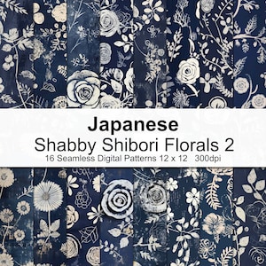 May include: 16 digital patterns featuring a Japanese style floral design in white on a dark blue background. The patterns are seamless and perfect for crafting projects.