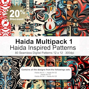 May include: A digital download of 80 seamless patterns inspired by Haida art. The patterns are in a variety of colors, including red, black, blue, and yellow. The patterns are 12 inches by 12 inches and 300 dpi. The text "Haida Multipack 1" and "Haida Inspired Patterns" is displayed on the image. The text "Contains all the designs from the followings sets" is also displayed on the image. The text "Haida Art 01 / Haida Art 02" is displayed on the image. The text "Haida Art 03" is displayed on the image. The text "Haida Art 04 / Haida Art 05" is displayed on the image.