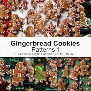 Könnte beinhalten: 16 digitale nahtlose Muster mit Lebkuchen in verschiedenen Designs und Farben. Die Muster sind 12 Zoll mal 12 Zoll groß und haben eine Auflösung von 300 dpi.