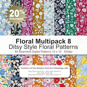 Confezione multipla floreale da 8 - Carta digitale con motivi floreali in stile Ditsy