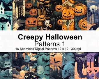 May include: A set of 16 digital seamless patterns featuring creepy Halloween themes. The patterns include pumpkins, bats, ghosts, and spooky houses in a dark colour palette.