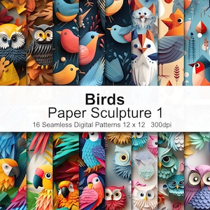 Peut inclure: Un ensemble de 16 motifs numériques de papier représentant des oiseaux et des hiboux colorés dans un style de sculpture en papier. Les motifs sont sans couture et mesurent 30,48 cm par 30,48 cm à 300 dpi. Le texte "Birds Paper Sculpture 1" est affiché en haut de l'image.